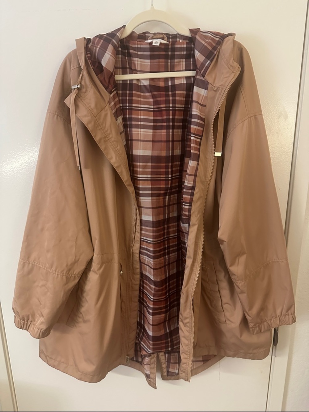 Time and Tru Plaid-Lined Hooded Utility Jacket in Tan